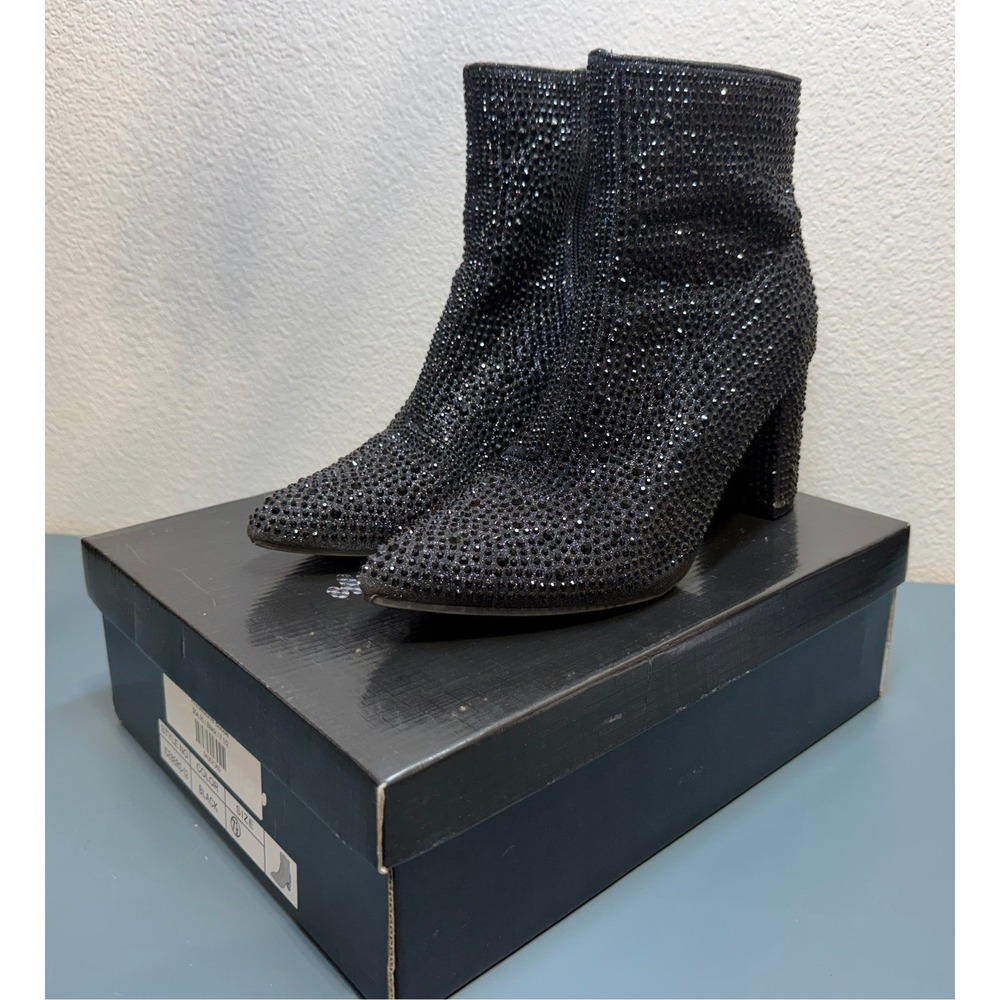 Forever Link Iceberg-12 Black Rhinestone Pointed Toe Block Heel Ankle Boots 7.5